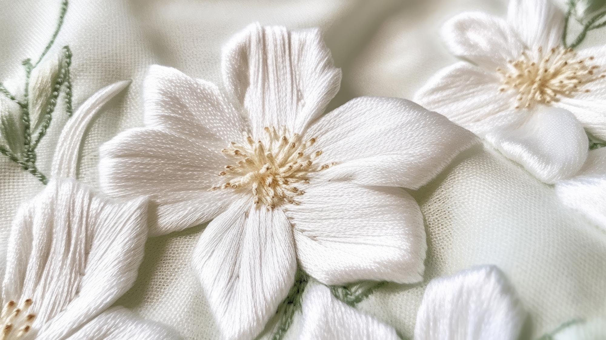 Embroidered floral sampler on cream fabric